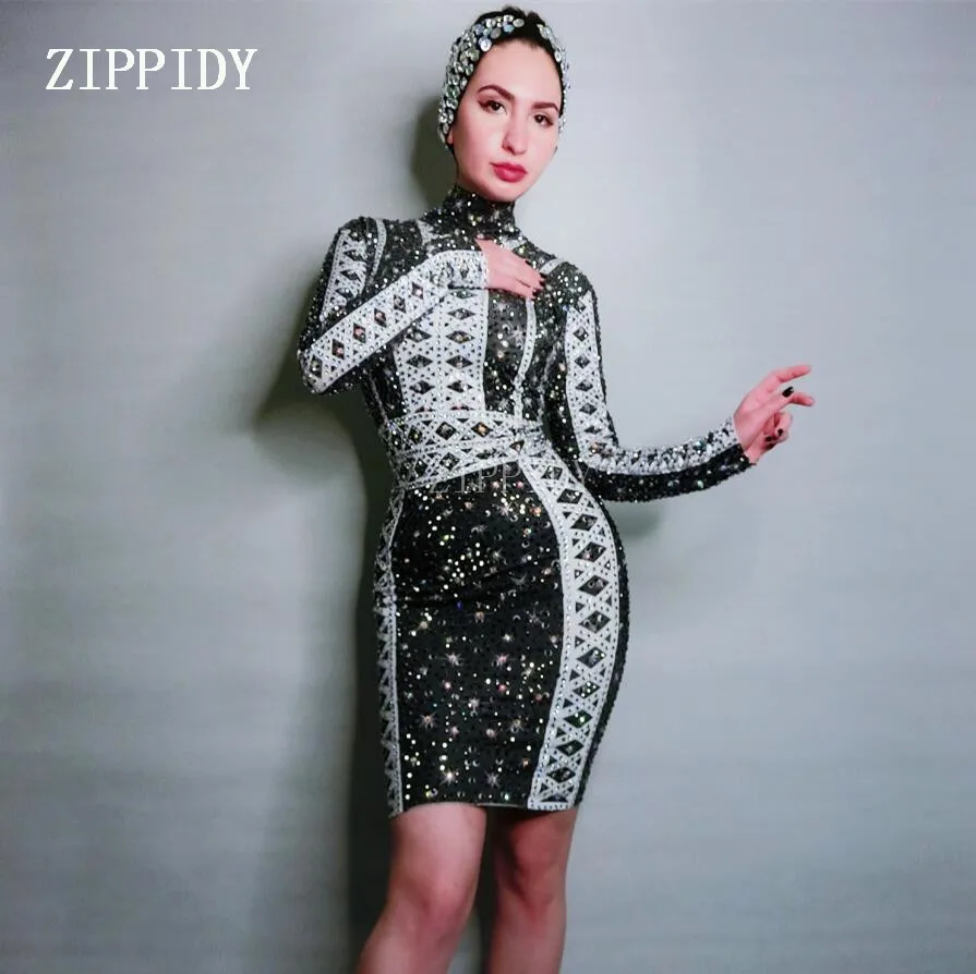 

Black Dyeing Pattern Dress Big Stretch One Piece Dance Dress Wear Women Nightclub Bar Show Evening Birthday Celebrate Dress