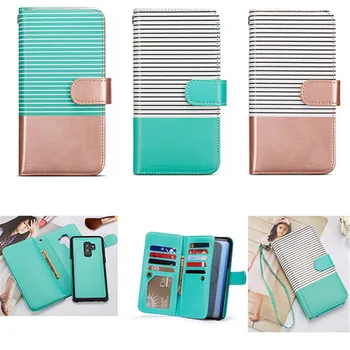 

PU leather stripe 9 card separable phone case Magnetic leather Wallet Case for iphone X 6 7 8 5S Plus Samsung galaxy S9 S8 Plus