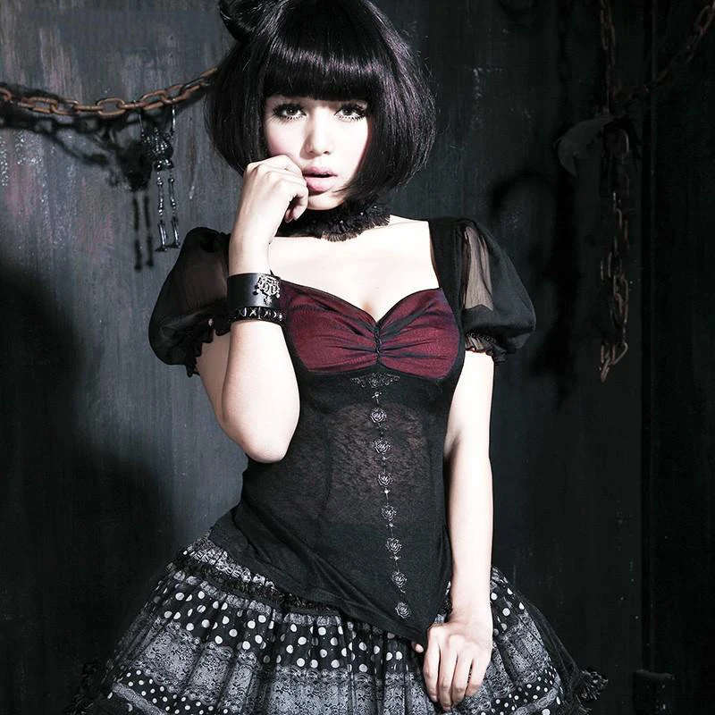 

Steampunk Gothic Court Lolita Style Women Short Sleeve T-Shirt Sexy Black Deep V-Neck Wrap Chest Hit Color Tee Shirt Tops