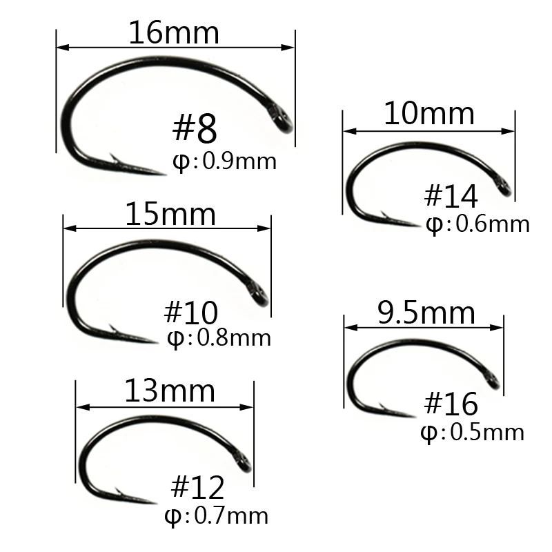 100PCS Fly Tying Hook Nymph Bug Shrimp Scud Pupae Larvae Caddis Flies Fishing Hooks #8~#16