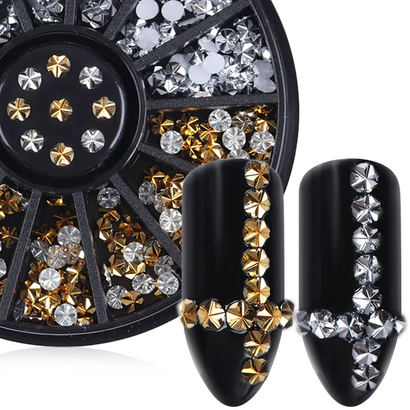 

3mm 3D Nail Rhinestone Flower Mixed Pattern Round Silver Gold Flat Bottom Design DIY Nail Art Accessories Decoration in Wheel