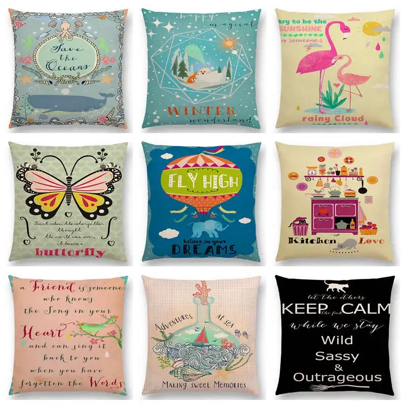 Hot Sale Cute Cartoon Animals Decorative Letters Flowers Bird Whale Cat Fox Flamingo Love Happy Life Cushion Sofa Throw Pillow | Дом и сад
