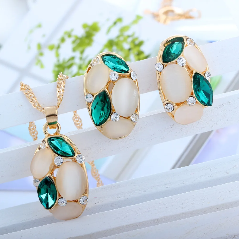 

Luxurious Designer Jewelry sets Golden Plated Chain with Opal and Colorful Crystal Water Drop Pendant Necklace and Stud Earrings