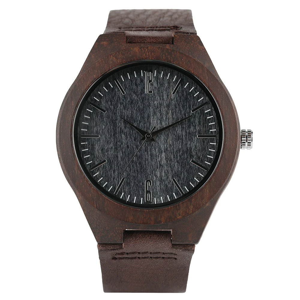 YISUYA New Arrival Men Genuine Leather Band Strap Wrist Watch Nature Wood Creative Dark Brown Women Modern Fashion Bamboo Sport (1)