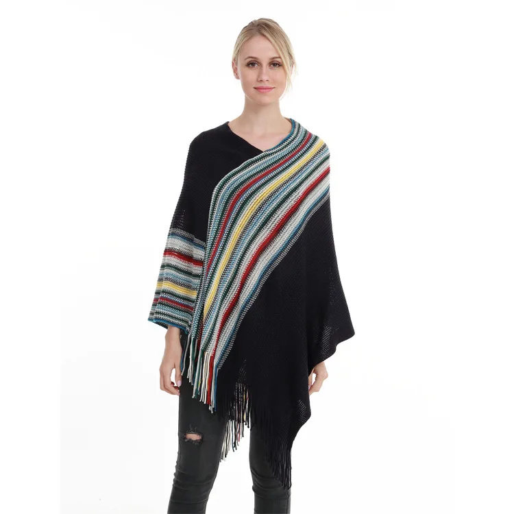 

#3327 Spring Striped Fashion Cloak Tassels Cloak Shawls And Wraps Femme Oversize Ponchos And Capes Pashmina Loose 70*70cm 330g