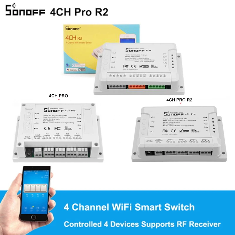 Kopen Sonoff 4CH R2 4CH PRO R2 4 Gang 433MHZ Din Rail Montage Draadloze WIFI Smart Switch Domotica modules Licht Afstandsbediening 2200W