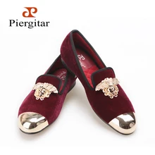 PIERGITAR New Velvet Shoes with gold toe and metal medusa design wine red color Men’s flats dressing and Party Men loafers