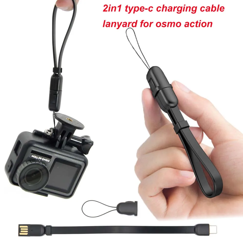 

JINSERTA 2in1Type-C Fast Charger Cable USB Data Cable for DJI OSMO ACTION Camera Anti-lost Wrist Strap Lanyard
