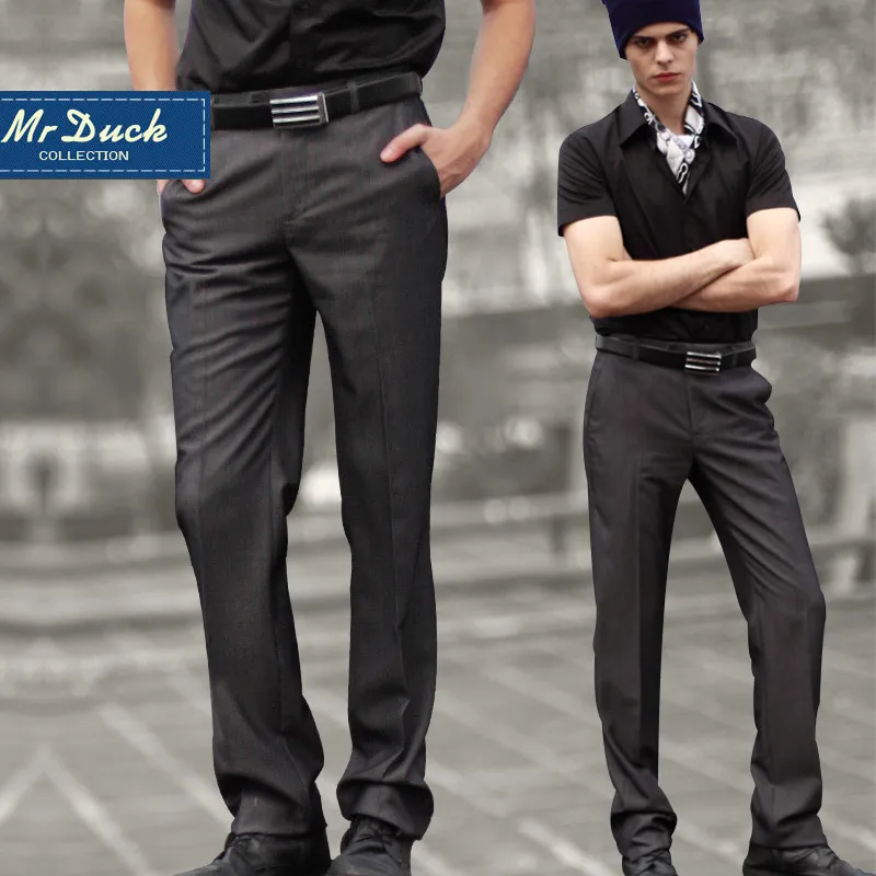 Mr duck western style trousers male slim business casual suit pants dark gray stripe formal