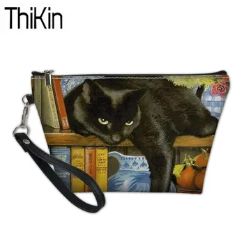

THIKIN Ladies Function Wash Kit Bags for Make Up Naughty Bookshelf Cat Gatinhos Desenho Print Cosmetic Cases Females Makeup Bags