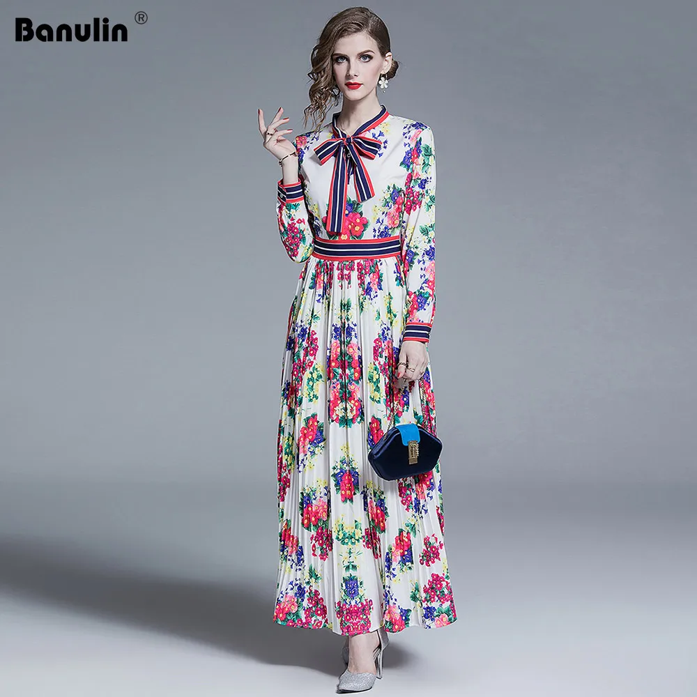 

Banulin 2019 Fashion Runway Summer Dress Women's Bow Collar Bohemian Boho Vintage Robe Longue Stripe Floral Print Maxi Dress