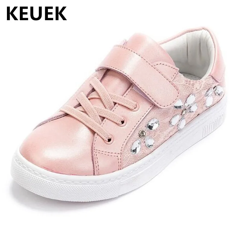 

New Spring Black Children Casual Sneakers Pink Rhinestone Girls Genuine Leather Sports Shoes Student School Kids Baby Flats 041