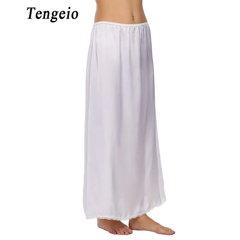 Tengeio Women Petticoat Underskirts Satin Trim Maxi Lace Long Black Half Slip Underskirt Skirt Slips Jupon Dentelle Femme 610