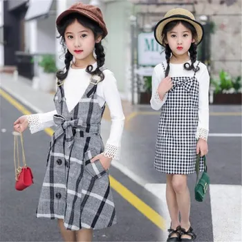 

2019 Autumn Spring Children Clothing Girls Set Kids Clothes Brand Girl Clothing Suits Toddler Overalls Dresses Plaid 6-15T JMFFY