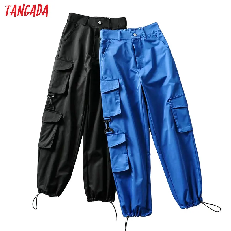 Tangada Женские повседневные однотонные брюки-карго с карманами и эластичной резинкой на талии стильные синие брюки pantalones 2T04