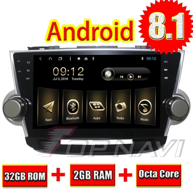 Автомобильный компьютер Topnavi 10 1 дюймов Восьмиядерный Android 8 GPS для Toyota Highlander 2008 2009