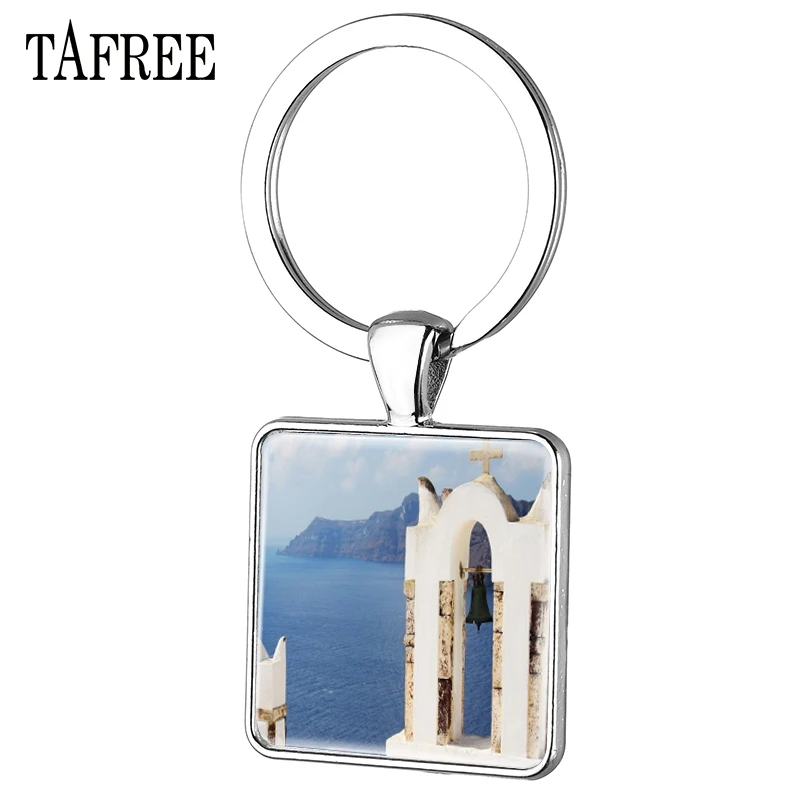TAFREE, греческий остров Санторини, квадратные Брелки,, высокое качество, посеребренные брелки для ключей, Великое Море, сцена, ювелирные изделия FA397