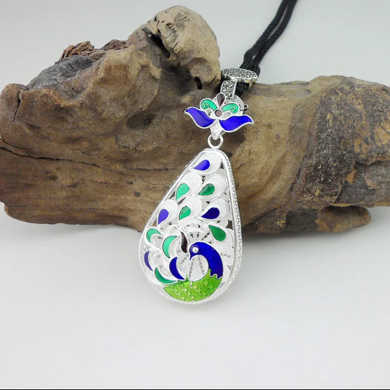 

Blue Peacock Silver Pendant Handmade Ethnic 999 Sterling Silver Miao Cloisonne Enamel Jewelry Water Drop Pendant Necklace