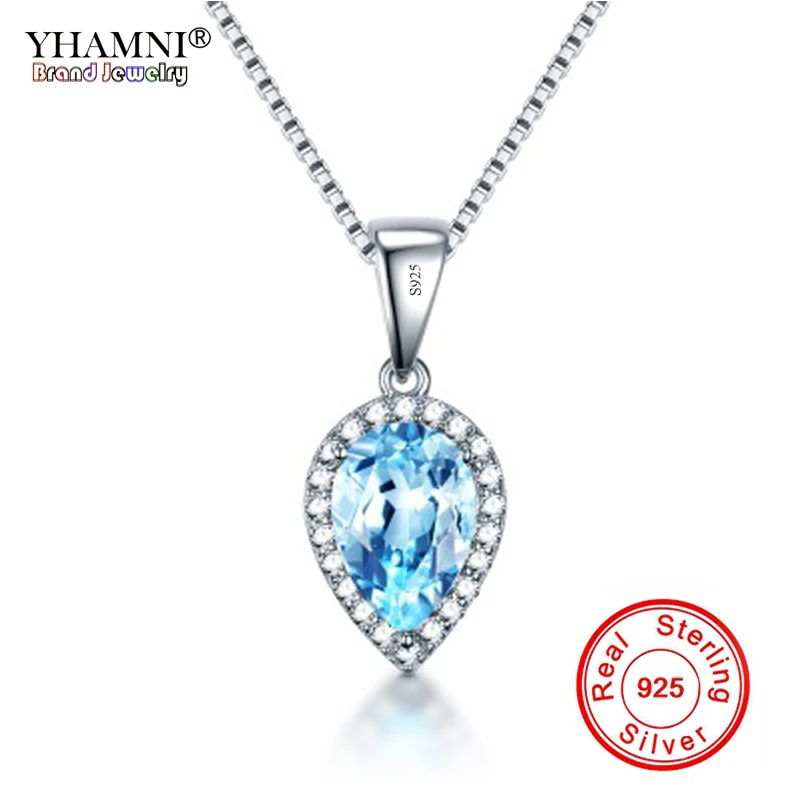 

YHAMNI 100% Solid 925 Sterling Silver Jewelry Natural Stone Sky Blue Crystal CZ Zircon Necklace Pendant For Women ZD324