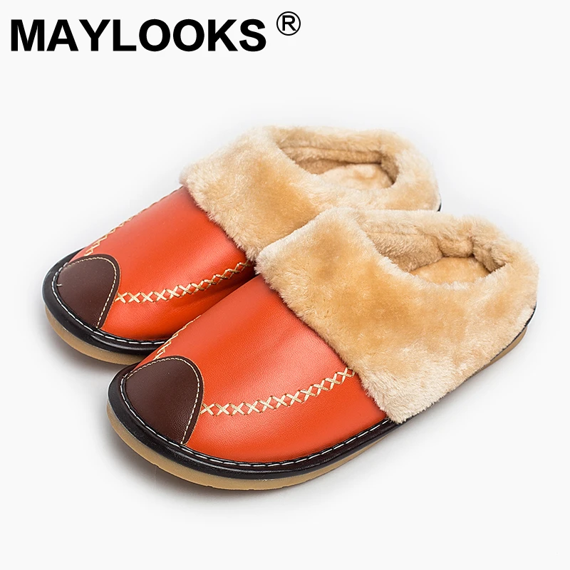

Ladies Slippers Winter Pu Leather Home Indoor Non - Slip Thermal Woman Slippers 2018 New Maylooks M-8835
