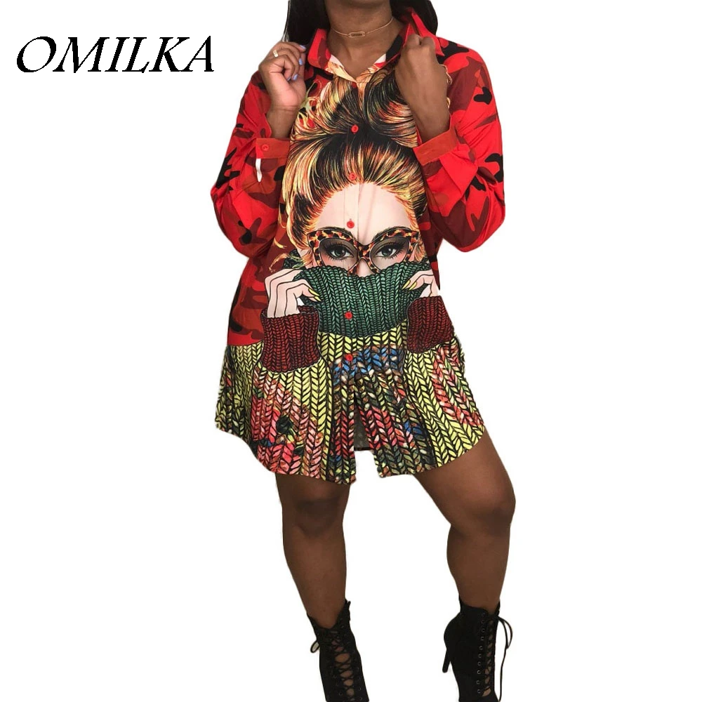 

OMILKA Cartoon Printed Shirt Dress 2017 Autumn Women Long Sleeve Turn Down Collar Irregular Loose Hip Hop Streetwear Mini Dress