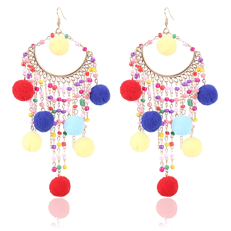 

New Bohemian Boho Beads Dangle Earrings Statement Gold Hanging Drop Pompom Long Tassel Earings for Women Jewelry Dropshipping