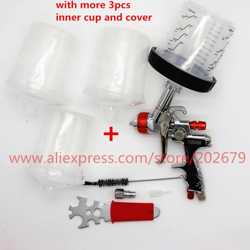 PPS Tank HVLP Paint Spray Gun with Adapters 600ml Cup w/ 1.3 1.4 1.7mm Nozzle 