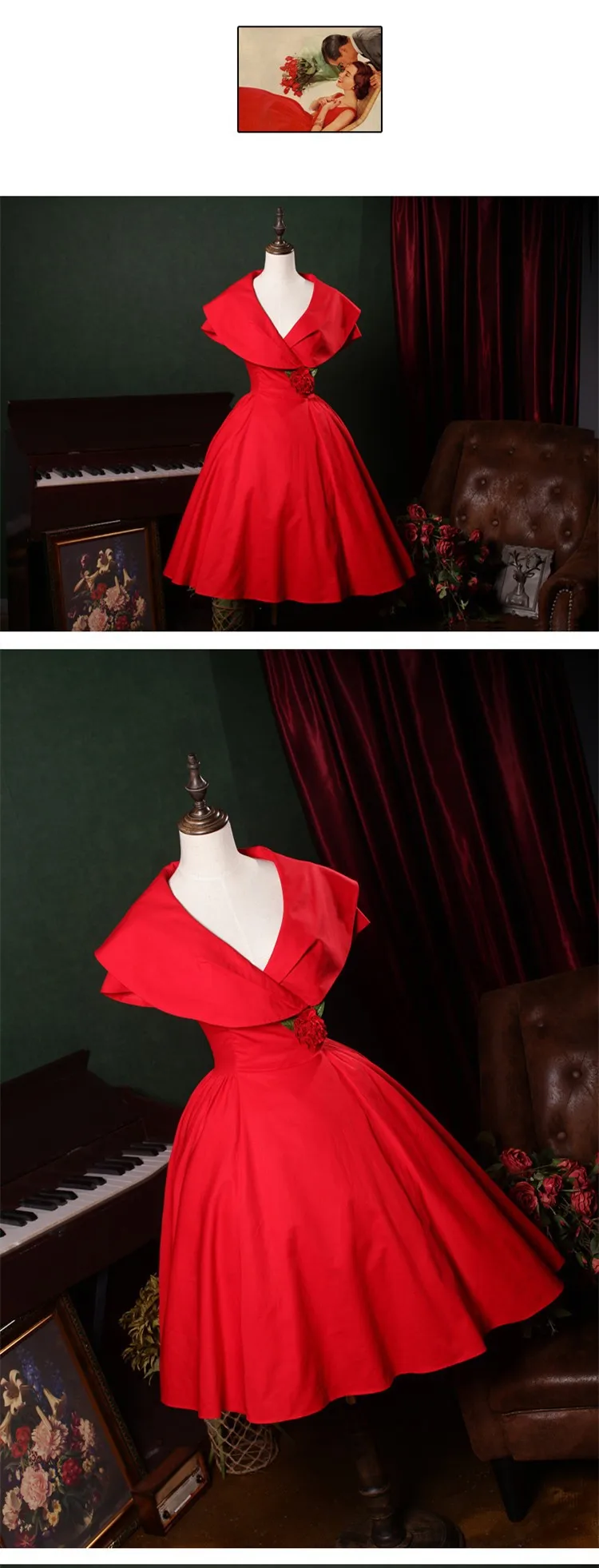 30-Женские винтажные 50s рокабилли pinup шаль воротник короткий рукав качели платье красного размера плюс vestidos женские платья jurken