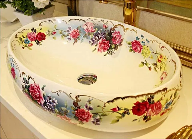 

Oval Bathroom Lavabo Ceramic Counter Top Wash Basin Cloakroom Hand Painted Vessel Sink bowl 5015