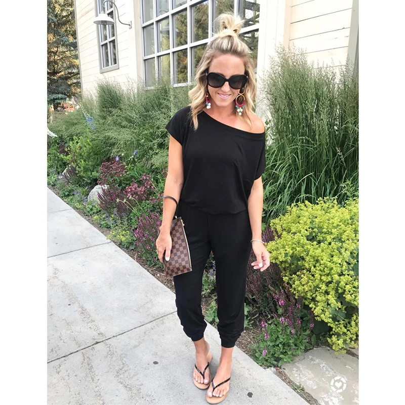 

Women 2019 Spring And Summer New Inclined Shoulder Short-sleeved O-neck Female Jumpsuit Fashion Casual Solid Clothes 6-Color F4