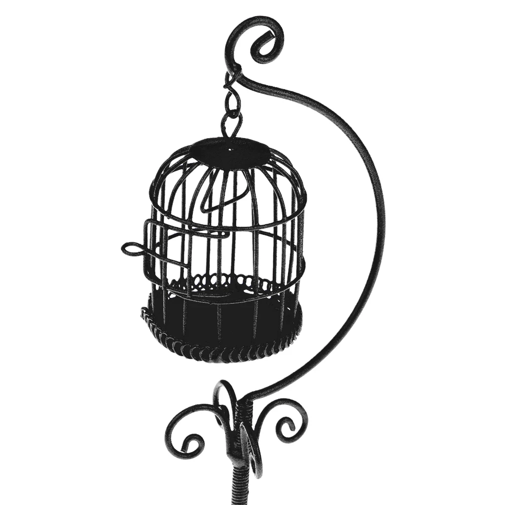  1:12 Scale Vintage Metal Bird Cage with Holder Stand Dollhouse Miniature for 12th Dolls House Decoration Accessories
