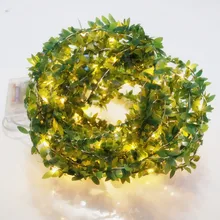 Светодиодный Плетеный гирлянда с листьями, на батарейках, серебро, медь, сказочные гирлянды для Рождества, свадьбы, деревенский декор, вечерние гирлянды, 3 м, 2 м, 4, 5 м