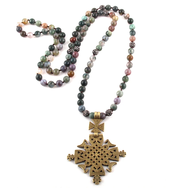 

Fashion Bohemian Tribal Jewelry Natural Stones Long Knotted Metal Cross Pendant Women Ethnic Necklace