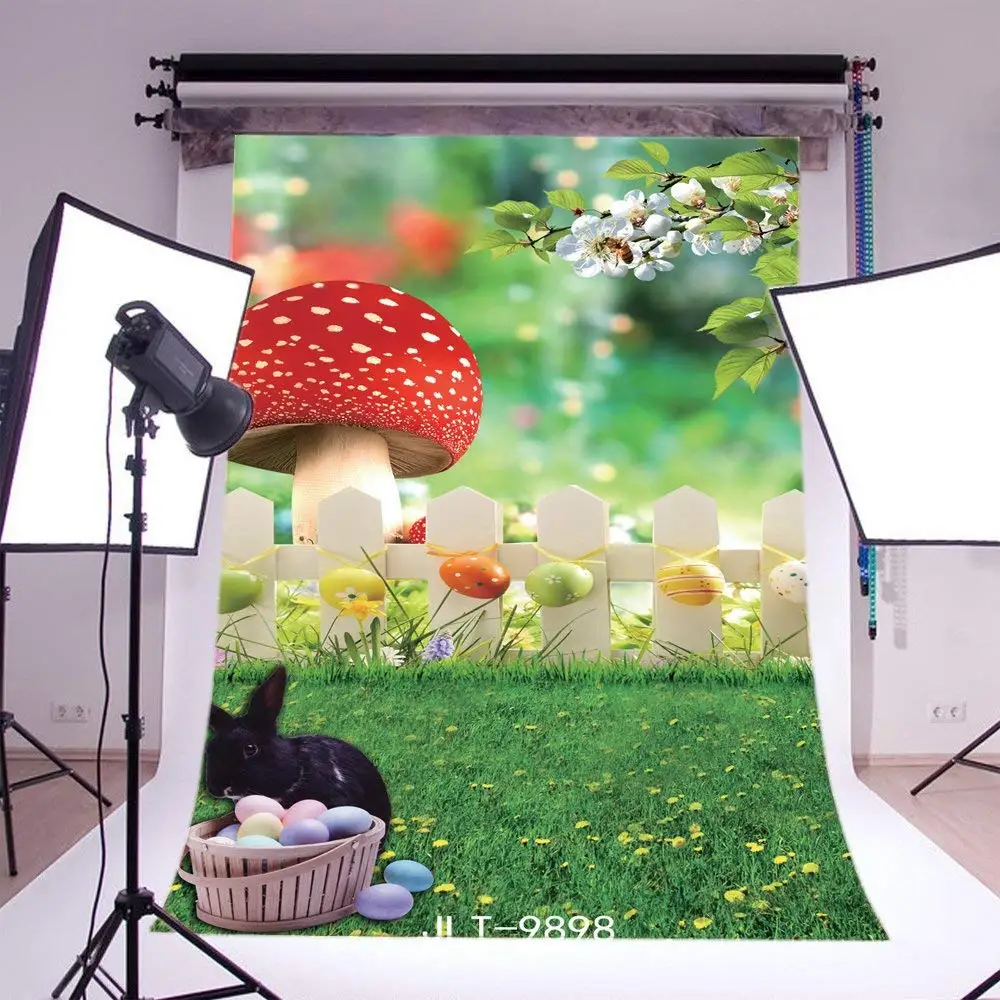 

Photography Backdrops Bokeh Halos Easter Theme Eggs Grass Field Mushroom