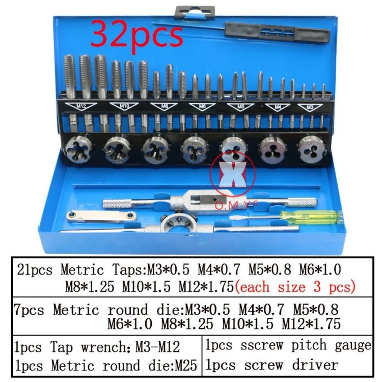 

32PCS Tap & Die Kits M3~M12 Straight Flute Hand Tap wrench Die wrench Holder Car Motorcycle Maintenance tools Tap Die Tools sets