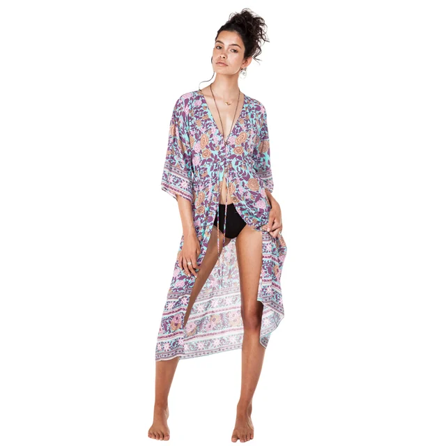Us 883 50 Off2019 Women Kimono Cardigan Summer Beach Cover Up Floral Print Chiffon Boho Long Loose Casual Blouse Top Beachwear Blue Pareo In