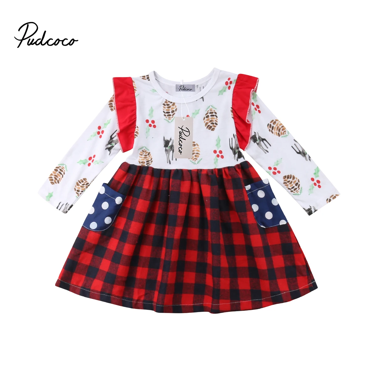 

2018 Brand New Xmas Toddler Baby Girl Santa Deer Dress Long Sleeve Ruffles Cartoon Plaid Patchwork Knee-Length Dress Outfit 2-7Y