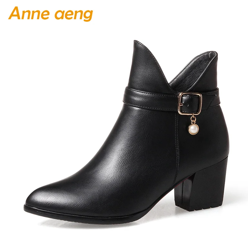 

2018 New Winter Women Ankle Boots Middle Square Heel Pointed Toe Zipper Fashion Sexy Ladies Winter Women Shoes Black Snow Boots