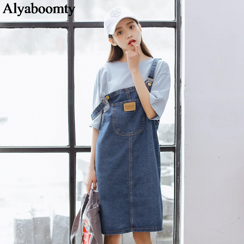 

Korean Preppy Style Women Denim Overalls Suspenders Blue Pocket High Waist Girl's Sundress Elegant Vintage All-Match Jeans Dress