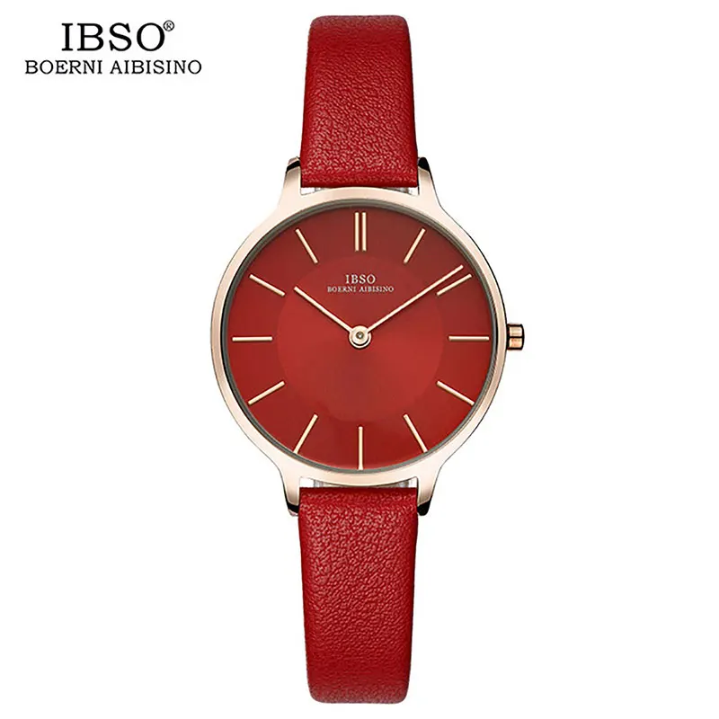 IBSO женские роскошные часы 8 мм Ультра тонкие часы с ремешком из натуральной кожи кварцевые женские часы простые часы Montre Femme 6603 - Цвет: IBSO6603Red