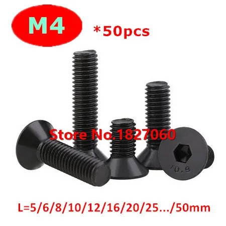 50pcs M4 Black Alloy steel Screws DIN7991 Flat socket Countersunk Head Allen Bolts M4*5/6/8/10/12/16/20/25mm | Обустройство дома