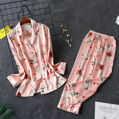 Daeyard, женские пижамы, роскошный цветочный принт, рубашки и штаны, 2 шт., пижамный комплект, шелковая пижама, одежда для сна, Весенняя Пижама, домашняя одежда - Цвет: pink floral