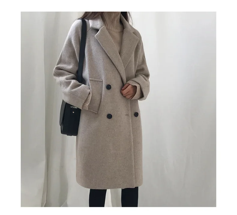 Hodisytian Winter Fashion Women Wool Blends Loose Double Breasted Coat Casual Elegant Cotton Solid Thick Femme Cashmere Overcoat