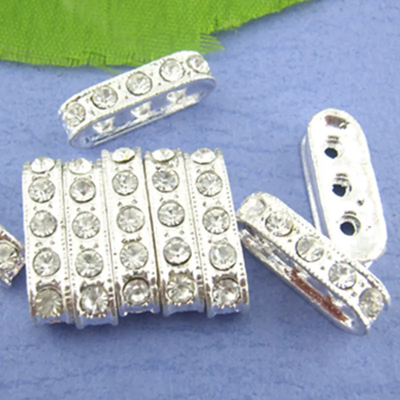 20Pcs Silver Plated Clear Rhinestone 3 Holes Spacers Bar Beads For