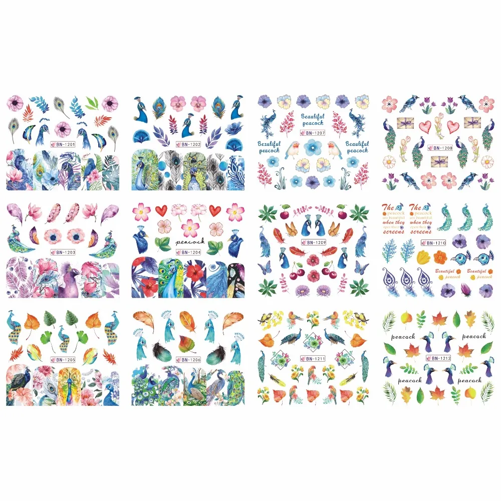 

12 PACK/ LOT WATER DECAL NAIL ART NAIL STICKER FULL COVER COLORFUL PEACOCK FEATHER CUTE BIRD PETALS LEAF BN1201-1212