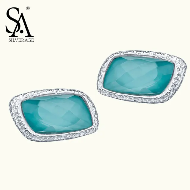 Sa Silverage Real 925 Sterling Silver Stud Earrings Blue Gem Stone Sa Silverage Real 925 Sterling Silver Stud Earrings Blue Gem Stone Aquamarine Earring For Women Square