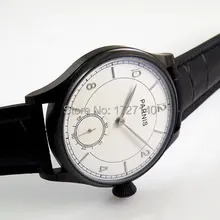 44 мм Parnis черный PVD Дело рук обмотки Мужские часы 6498 черная кожа ремень p070