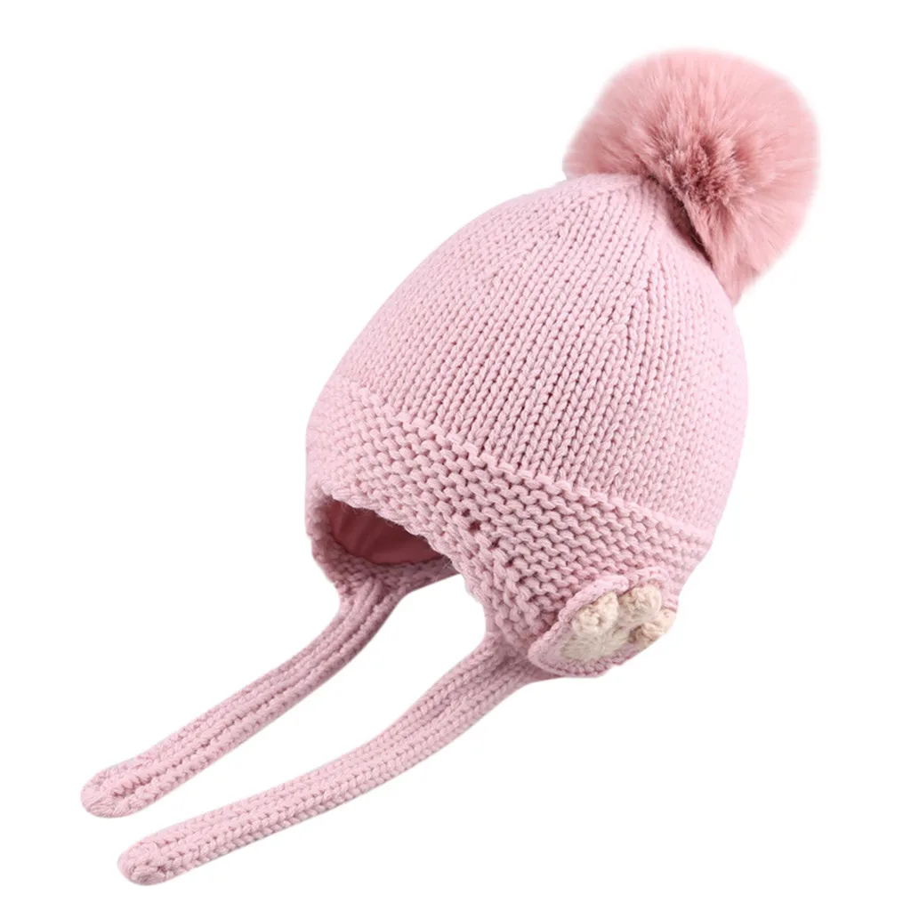 Симпатичные Дети малышей Девушки Детские зима вязаный крючком вязаная шапка, шапочка с помпоном одежда