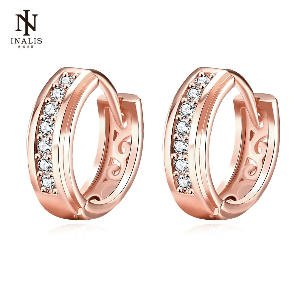 

INALIS Round Inlaid Zircon Gold Color And Rose Gold Color Copper Stud Earrings For Women Female Cute Silver color Party earrring