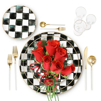 

Bone China Plate Dinner Plate Round Tray Creative Dessert Dish Set Cross-Border Platos Piatti Ceramica Grid Christmas Plate 1pcs